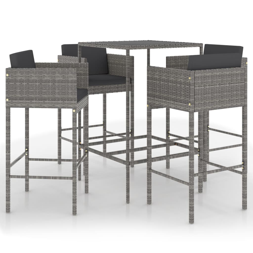 5-teiliges Garten-Bar-Set mit Kissen Poly Rattan Grau