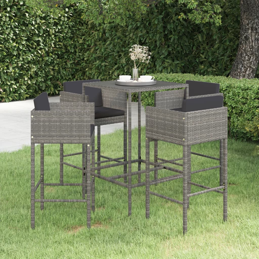 5-teiliges Garten-Bar-Set mit Kissen Poly Rattan Grau