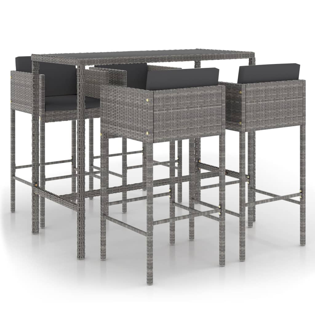 5-teiliges Garten-Bar-Set mit Kissen Poly Rattan Grau