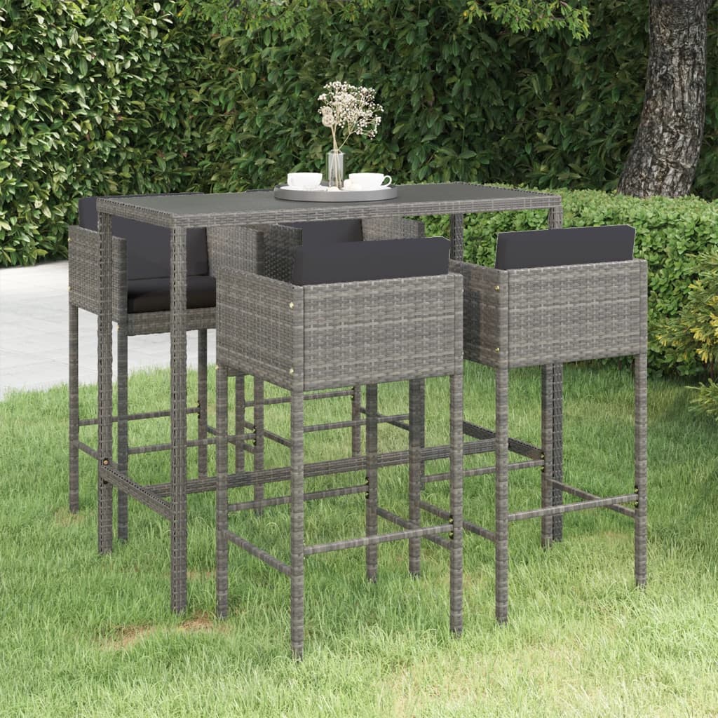 5-teiliges Garten-Bar-Set mit Kissen Poly Rattan Grau