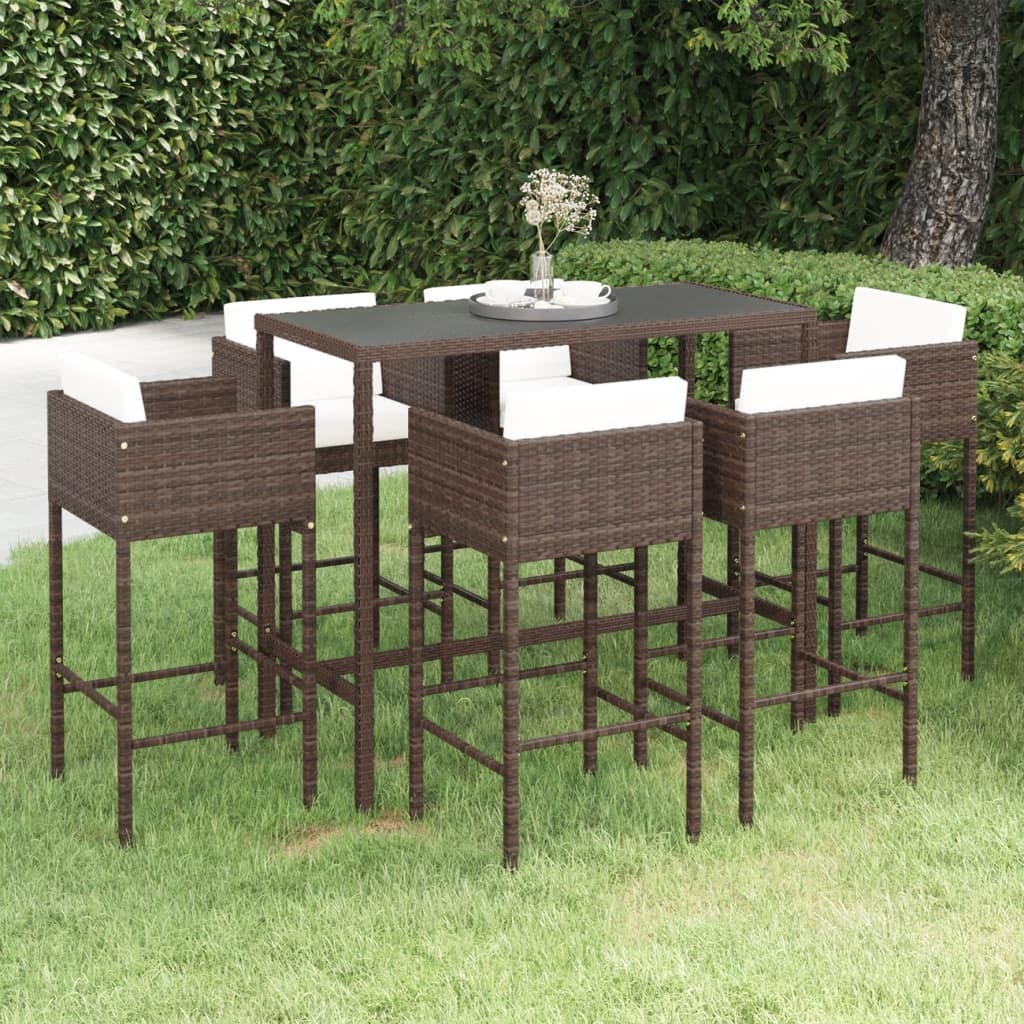7-teiliges Garten-Bar-Set mit Kissen Poly Rattan Braun