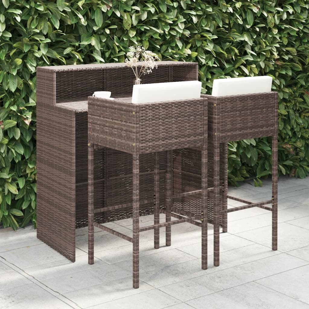 3-teiliges Garten-Bar-Set mit Kissen Poly Rattan Braun