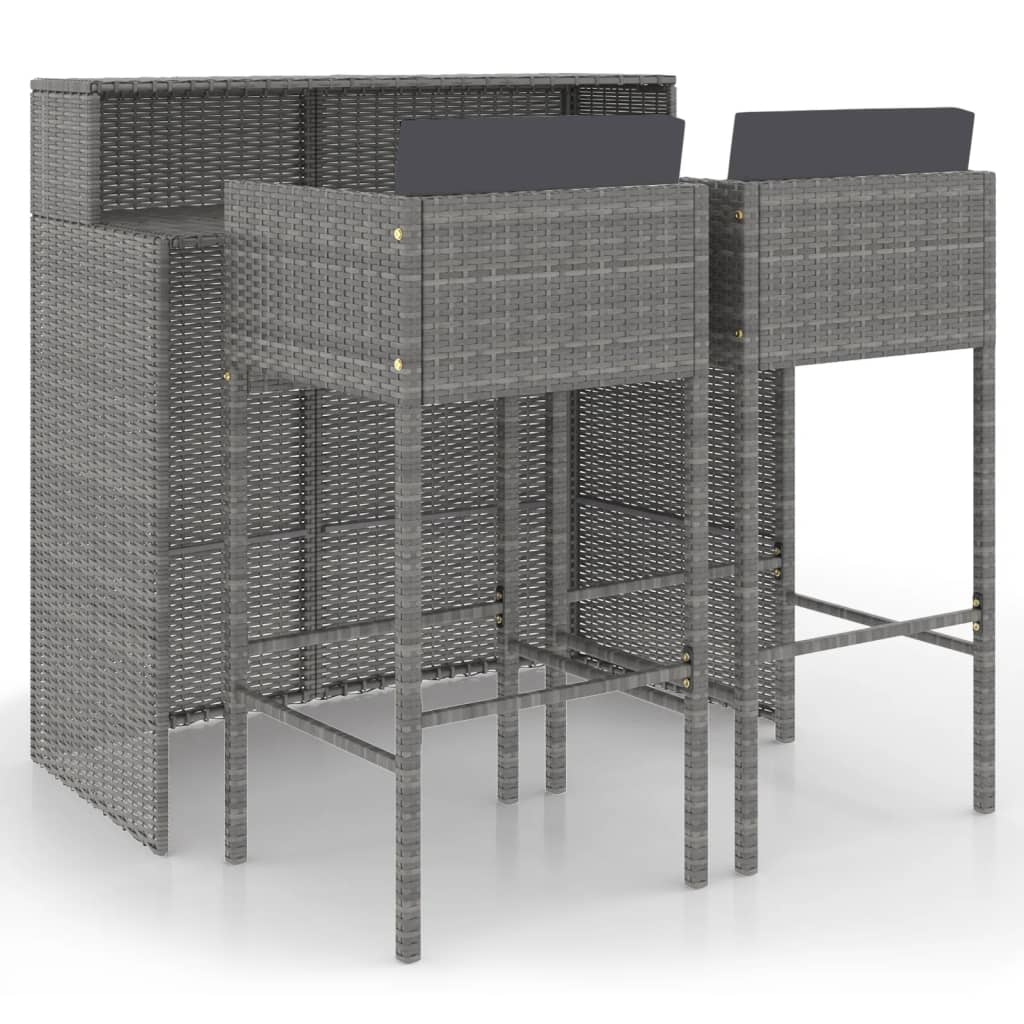 3-teiliges Garten-Bar-Set mit Kissen Poly Rattan Grau