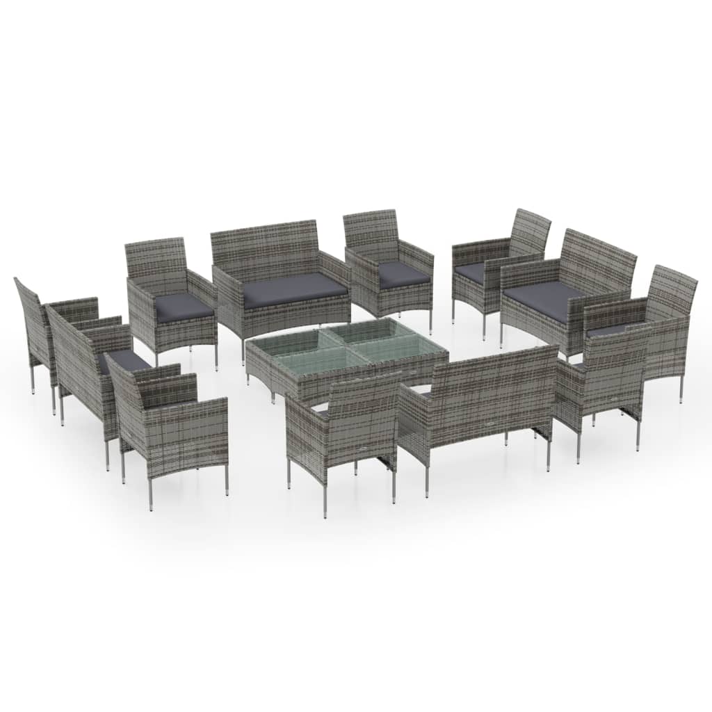 16-teiliges Lounge-Set mit Kissen Poly Rattan Grau