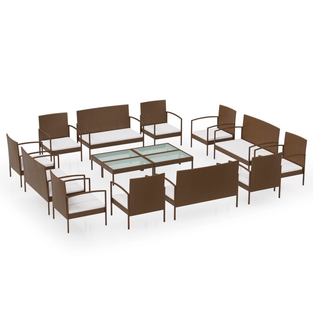 16-teiliges Lounge-Set mit Kissen Poly Rattan Braun