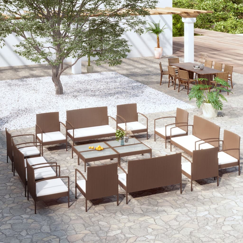 16-teiliges Lounge-Set mit Kissen Poly Rattan Braun