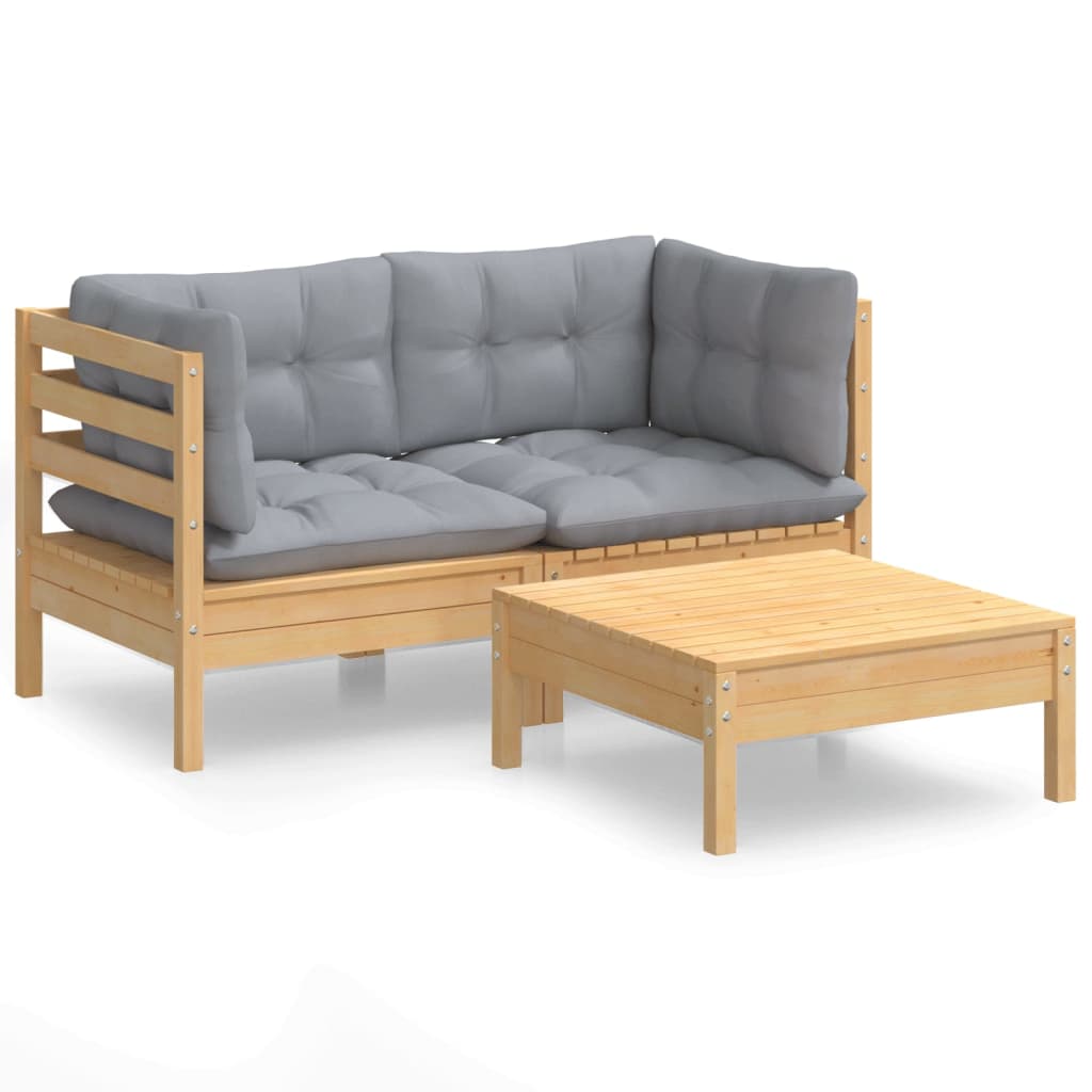 3-Delige Loungeset Met Grijze Kussens Grenenhout