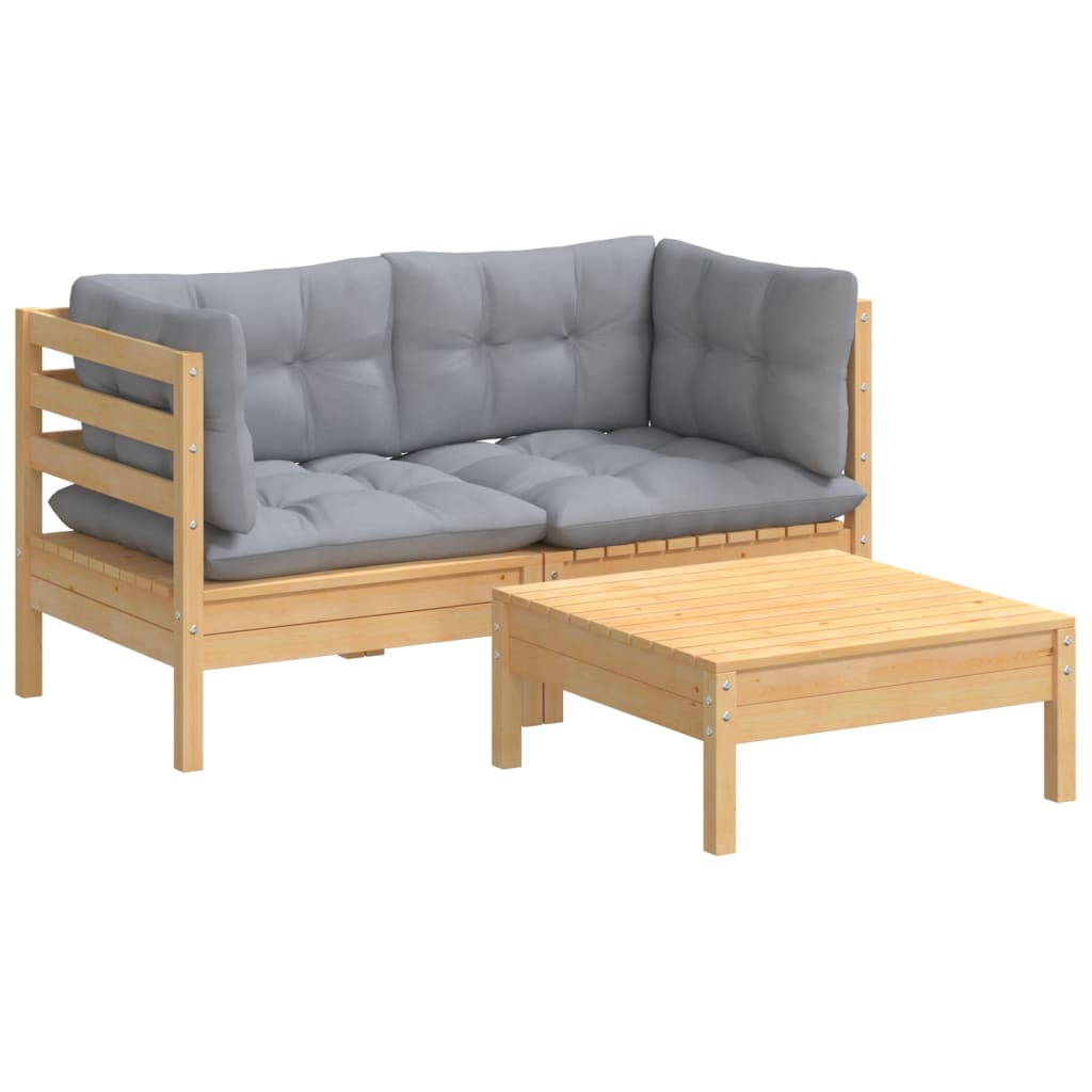 3-Delige Loungeset Met Grijze Kussens Grenenhout
