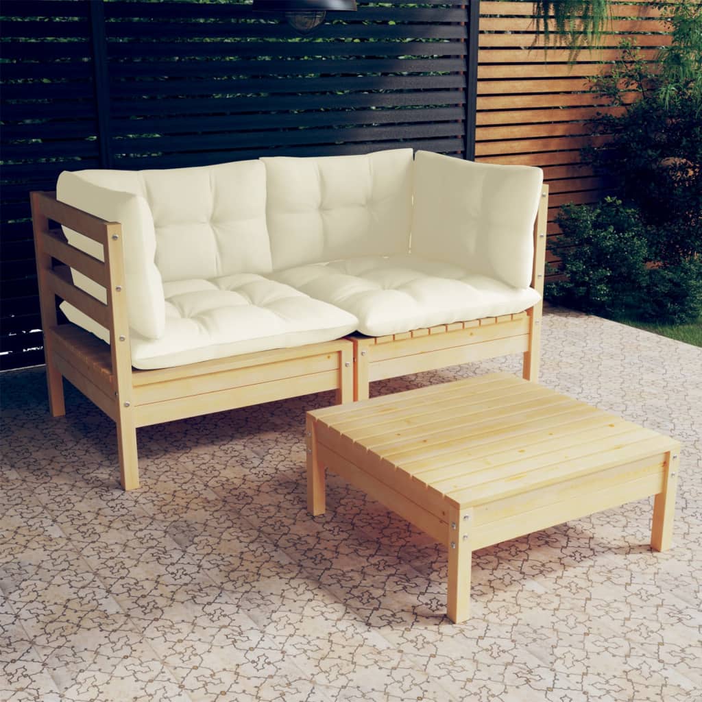 3-Delige Loungeset Met Crèmekleurige Kussens Grenenhout