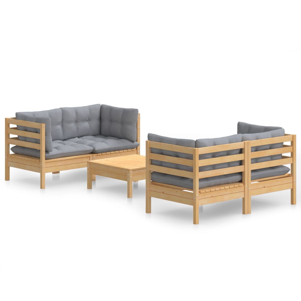 5-Delige Loungeset Met Grijze Kussens Grenenhout