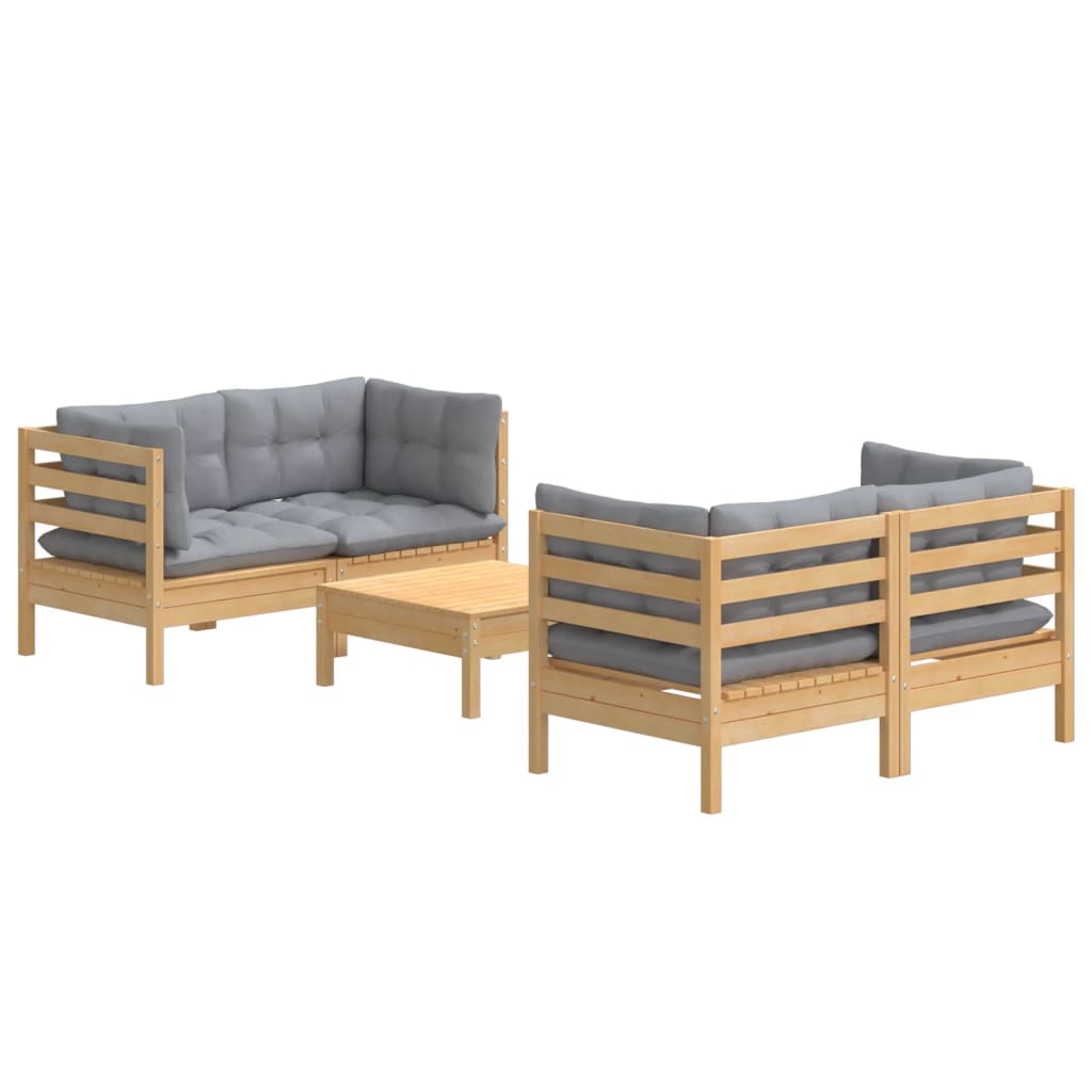 5-Delige Loungeset Met Grijze Kussens Grenenhout