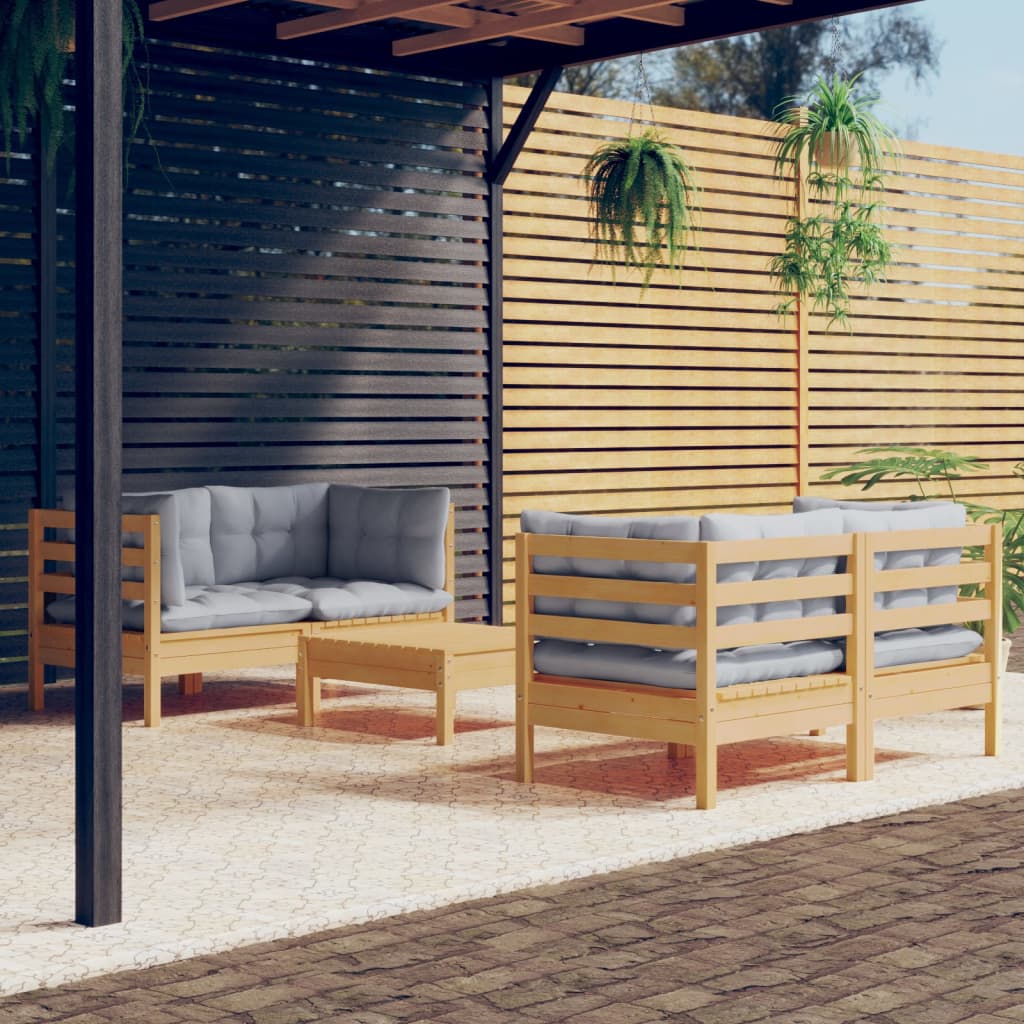 5-Delige Loungeset Met Grijze Kussens Grenenhout