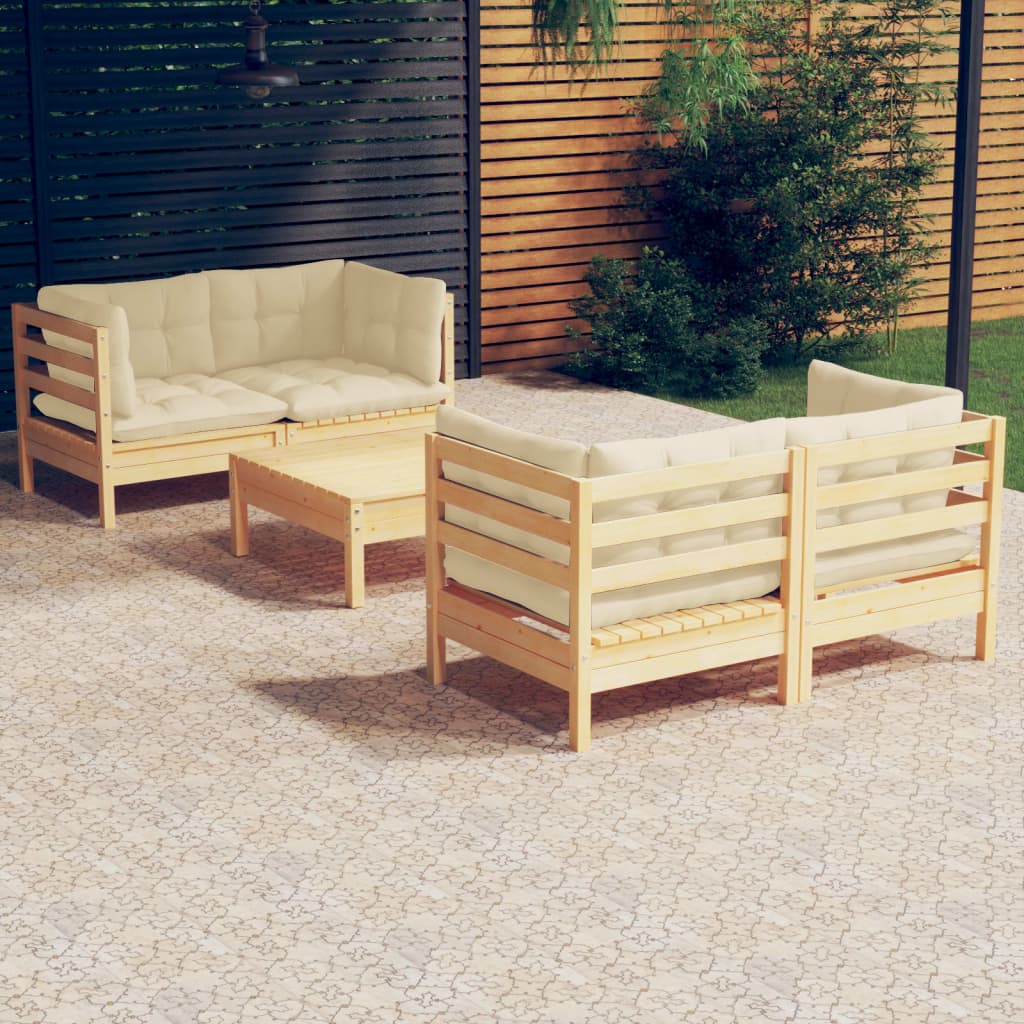 5-Delige Loungeset Met Crèmekleurige Kussens Grenenhout