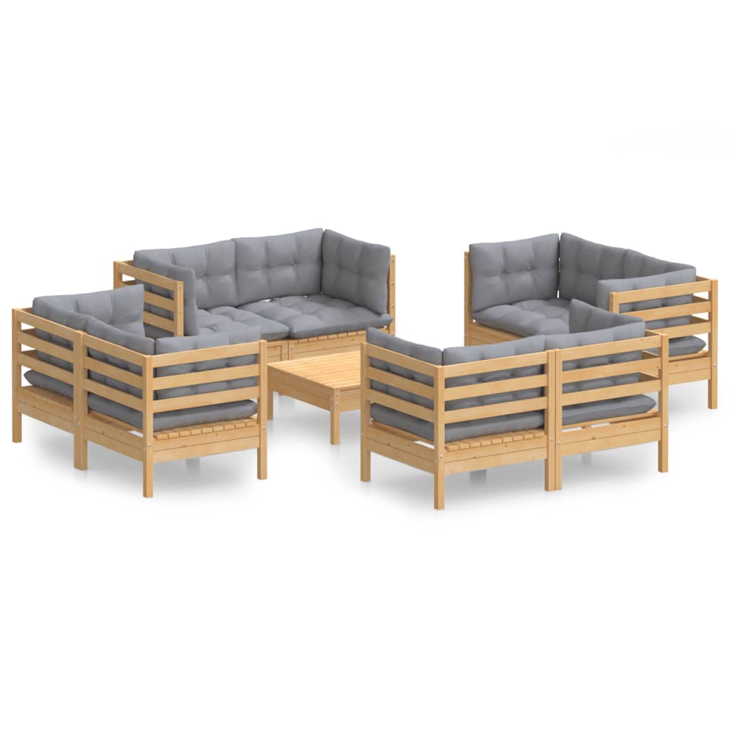 9-Delige Loungeset Met Grijze Kussens Grenenhout