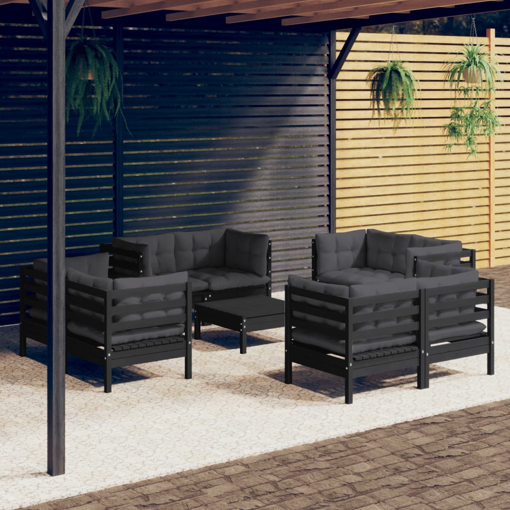 9-teiliges Lounge-Set mit anthrazitfarbenen Kissen aus Kiefernholz