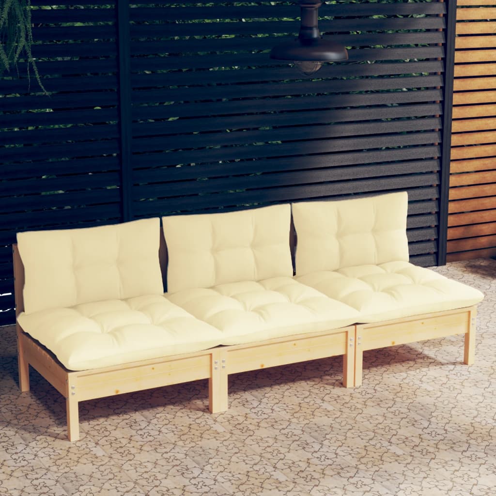 Gartenbank 3-Sitzer mit cremefarbenen Kissen aus massivem Kiefernholz