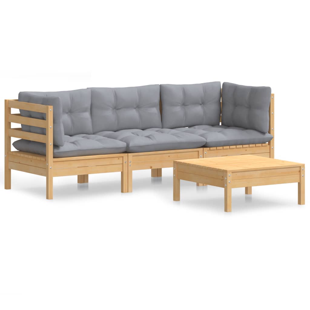 4-Delige Loungeset Met Grijze Kussens Grenenhout
