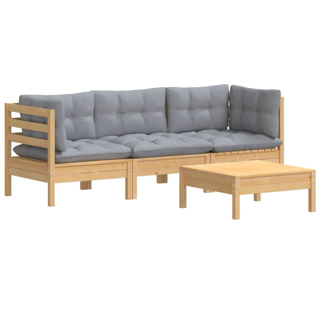 4-Delige Loungeset Met Grijze Kussens Grenenhout