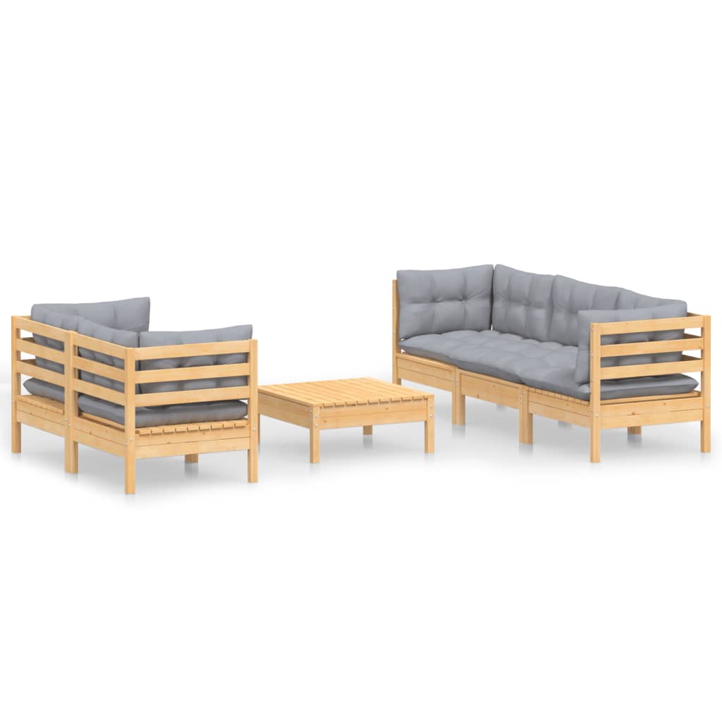 6-Delige Loungeset Met Grijze Kussens Grenenhout