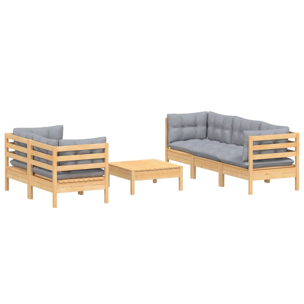 6-Delige Loungeset Met Grijze Kussens Grenenhout