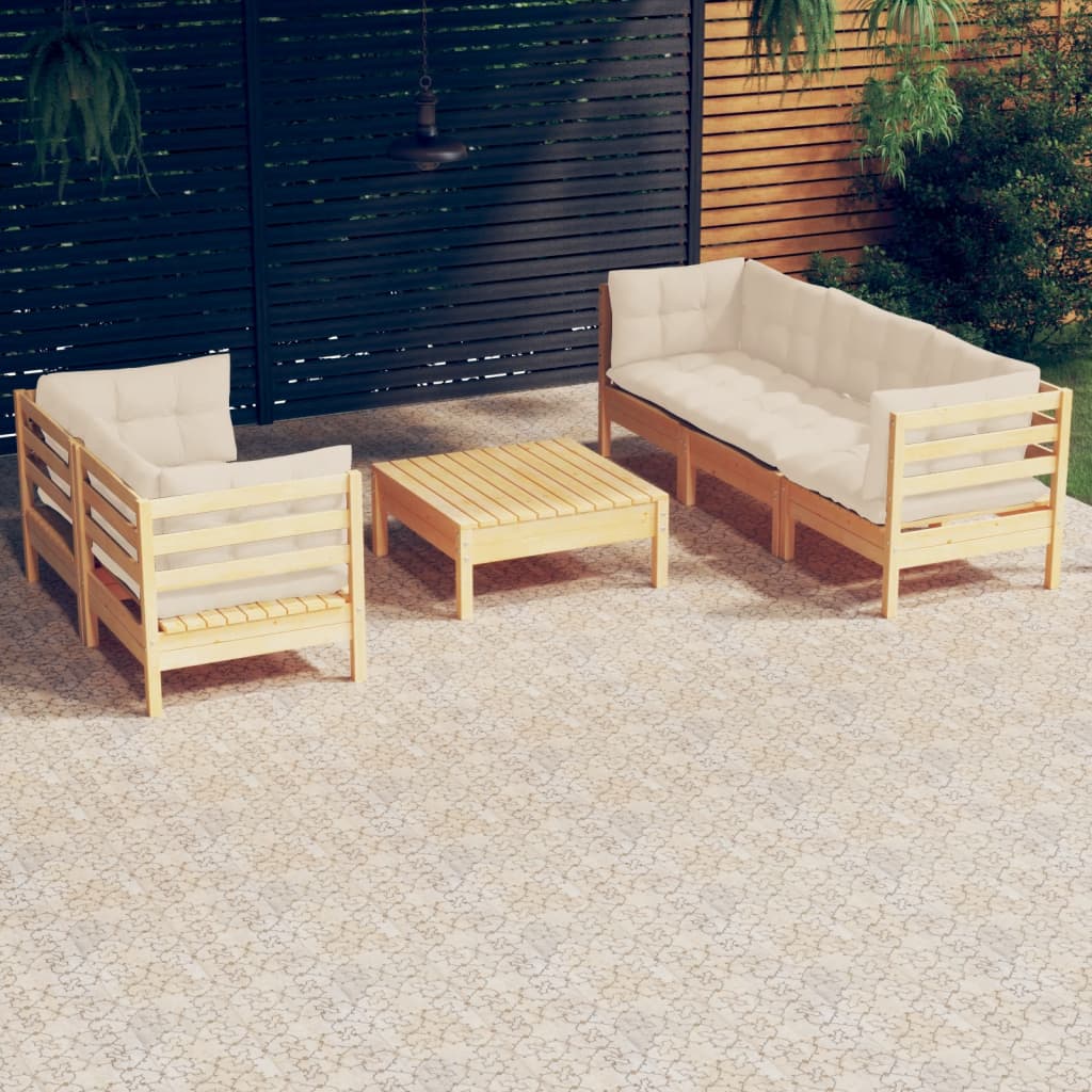 6-Delige Loungeset Met Crèmekleurige Kussens Grenenhout
