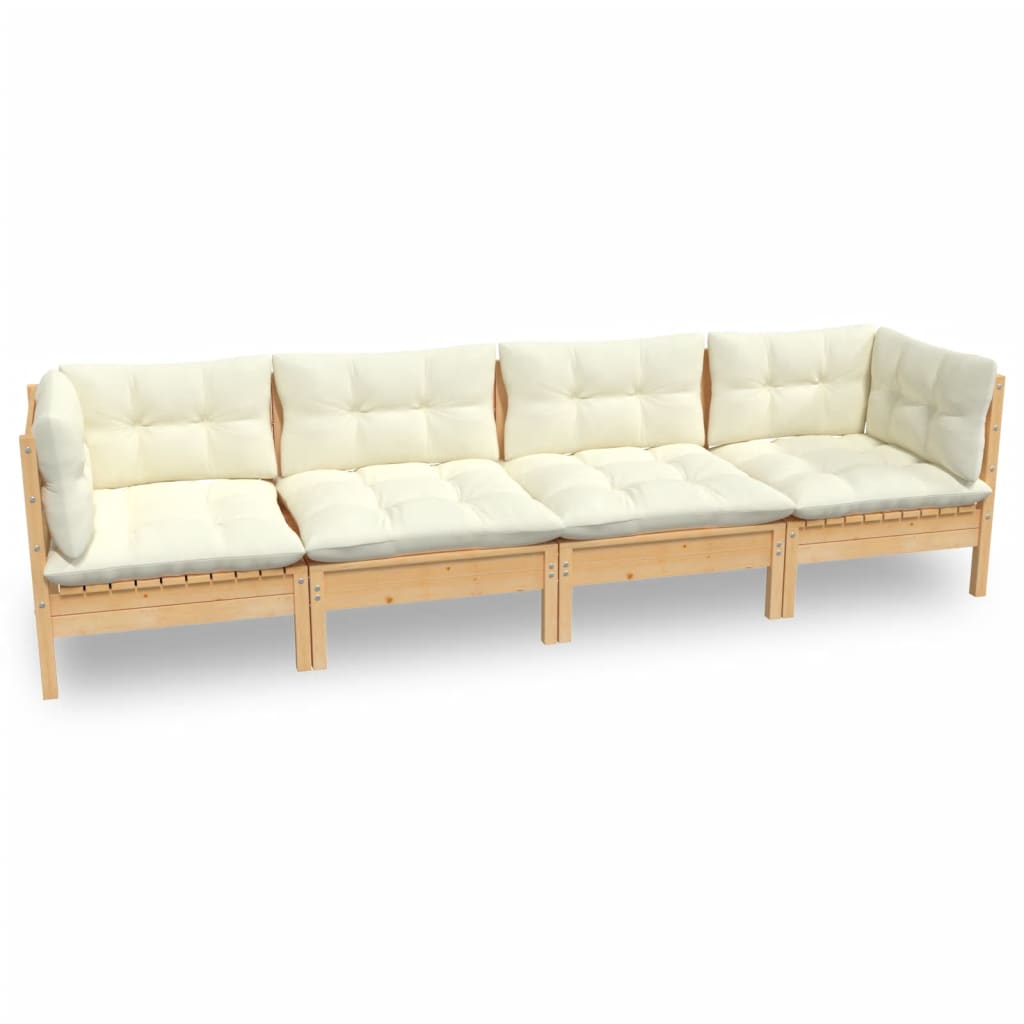 4-Delige Loungeset Met Crèmekleurige Kussens Massief Grenenhout