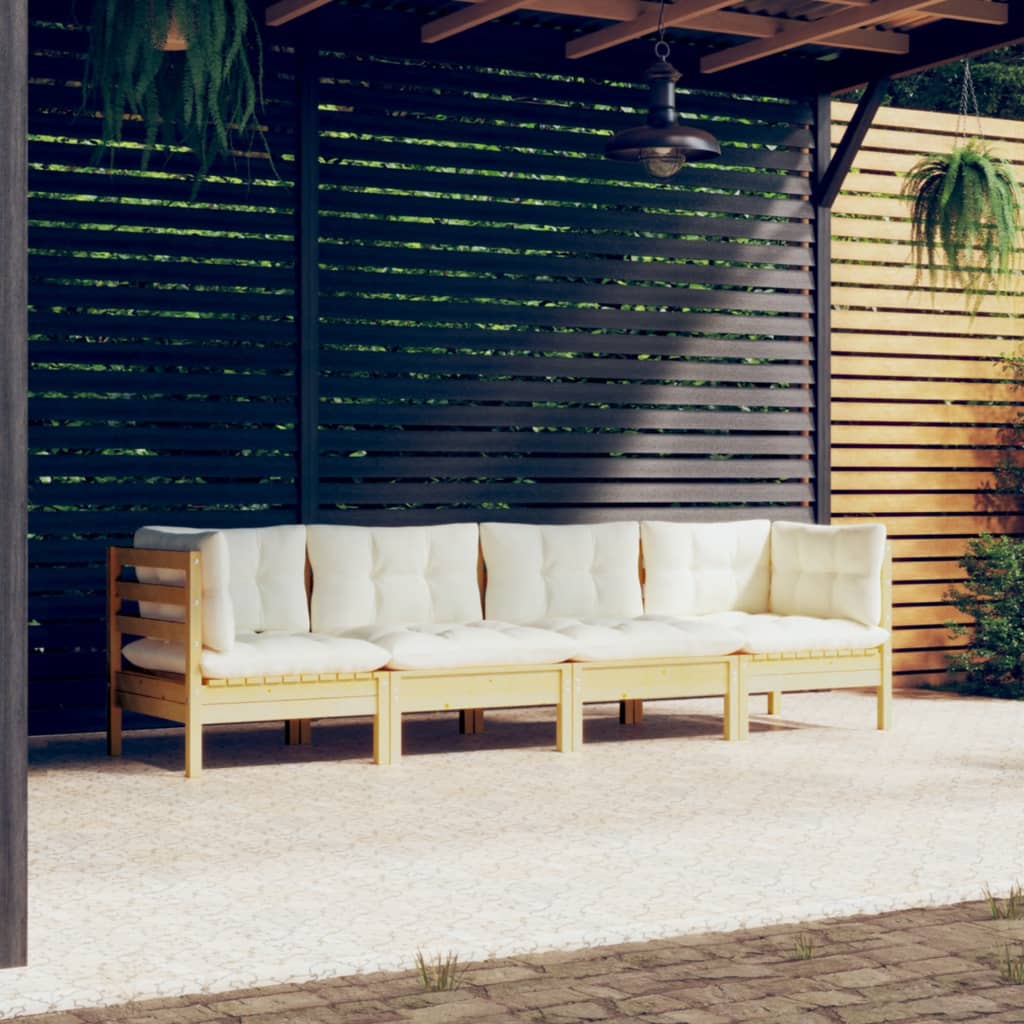 4-Delige Loungeset Met Crèmekleurige Kussens Massief Grenenhout