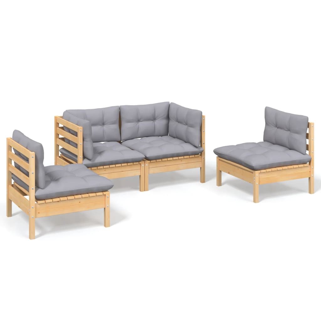 4-Delige Loungeset Met Grijze Kussens Massief Grenenhout