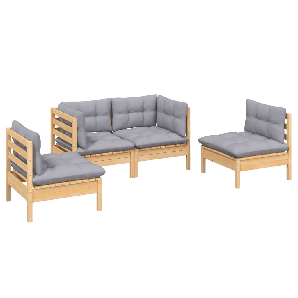4-Delige Loungeset Met Grijze Kussens Massief Grenenhout