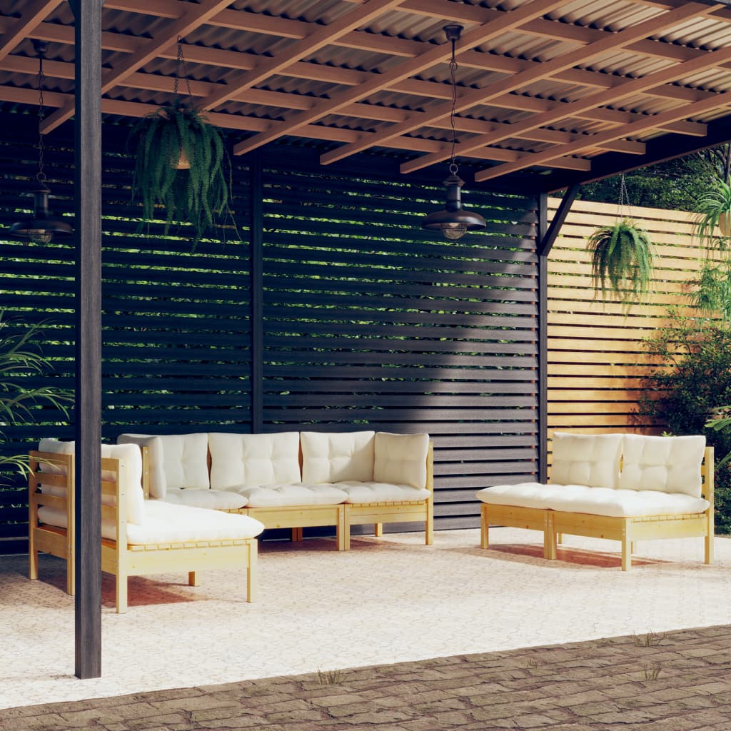 7-Delige Loungeset Met Crèmekleurige Kussens Massief Grenenhout