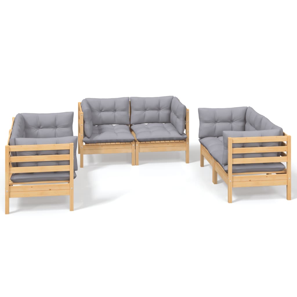 6-Delige Loungeset Met Grijze Kussens Grenenhout