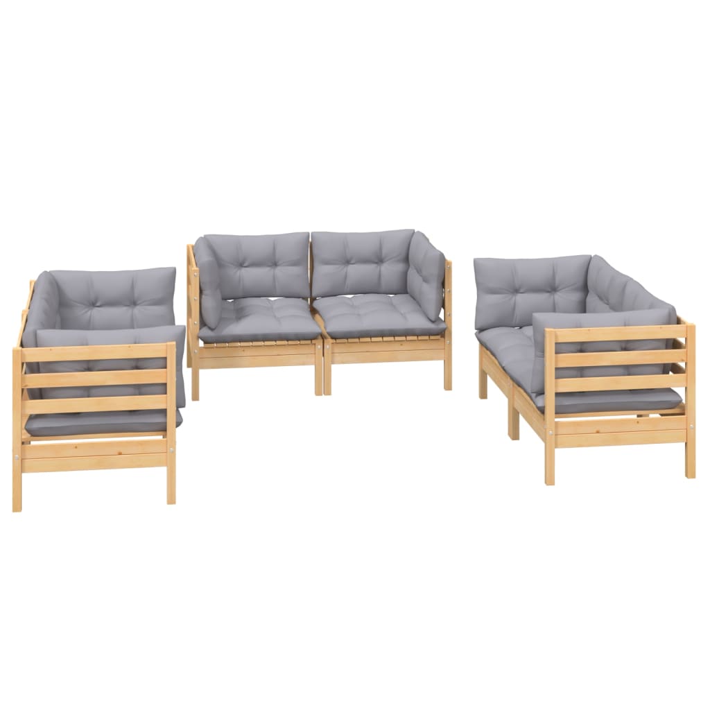 6-Delige Loungeset Met Grijze Kussens Grenenhout