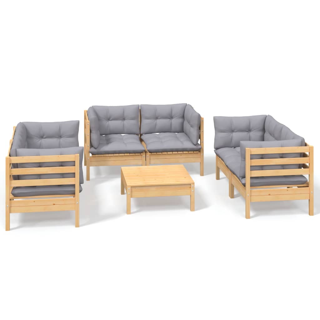 7-Delige Loungeset Met Grijze Kussens Grenenhout