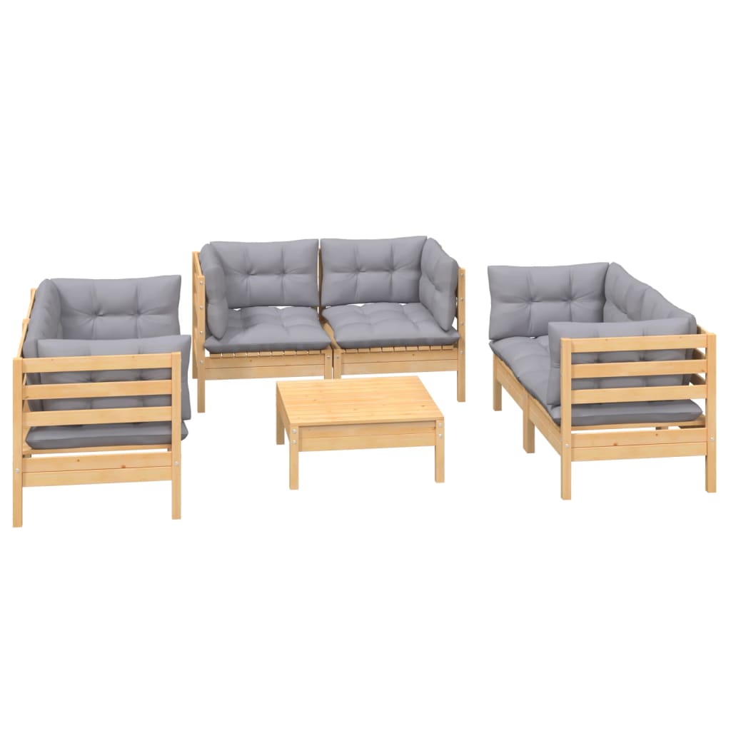7-Delige Loungeset Met Grijze Kussens Grenenhout