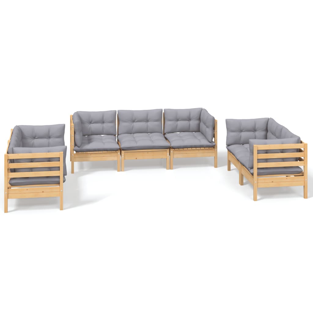 7-Delige Loungeset Met Grijze Kussens Grenenhout