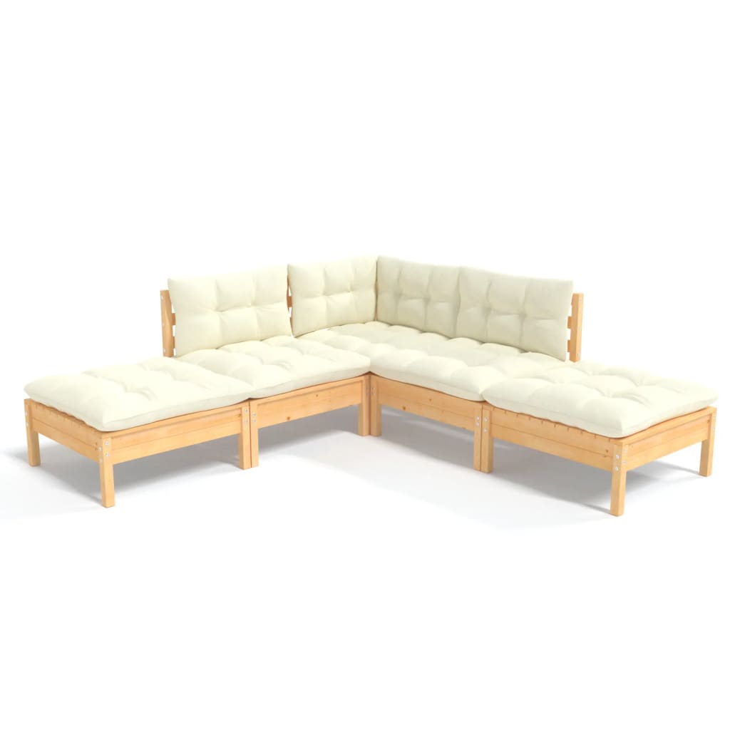 5-Delige Loungeset Met Crèmekleurige Kussens Grenenhout
