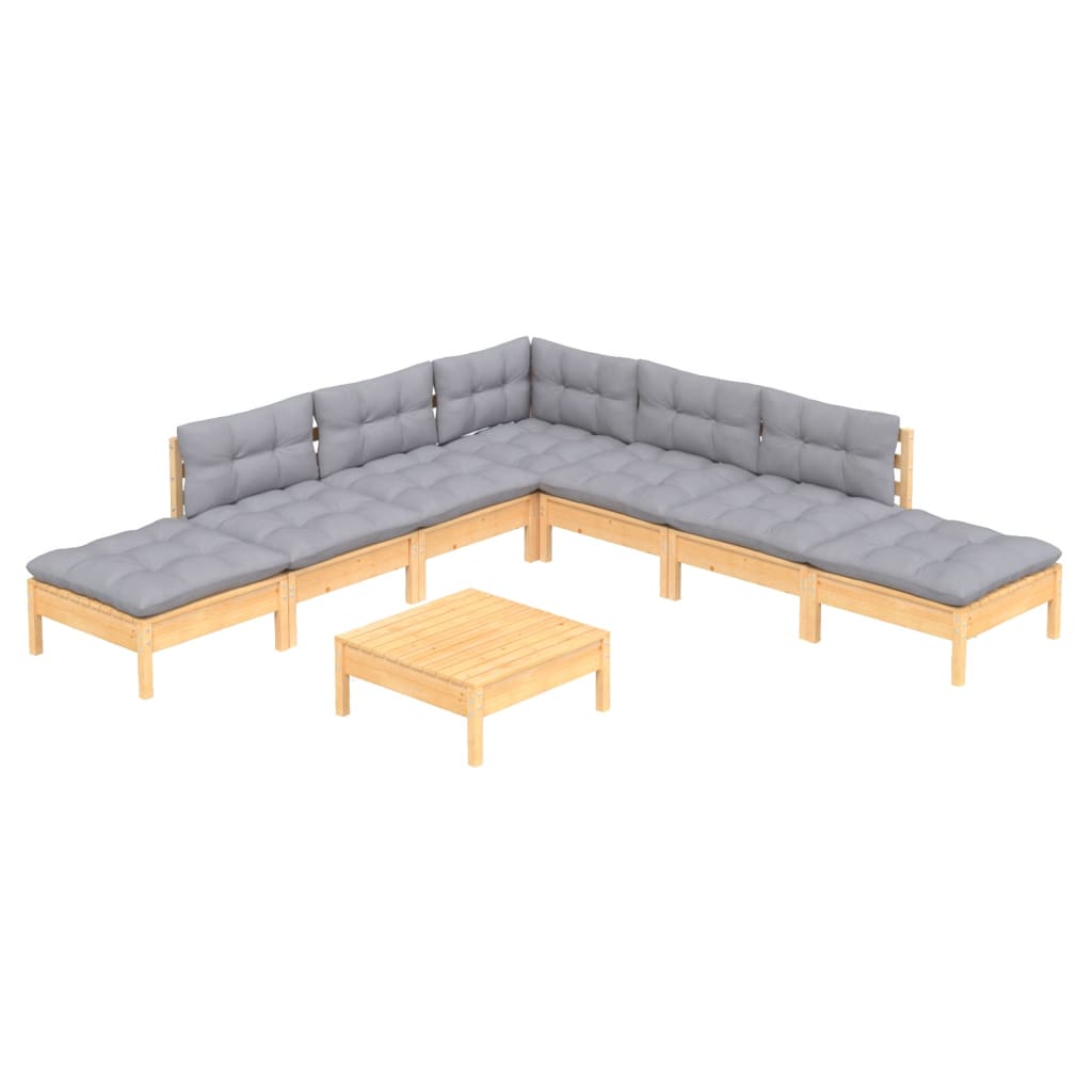 8-Delige Loungeset Met Grijze Kussens Grenenhout