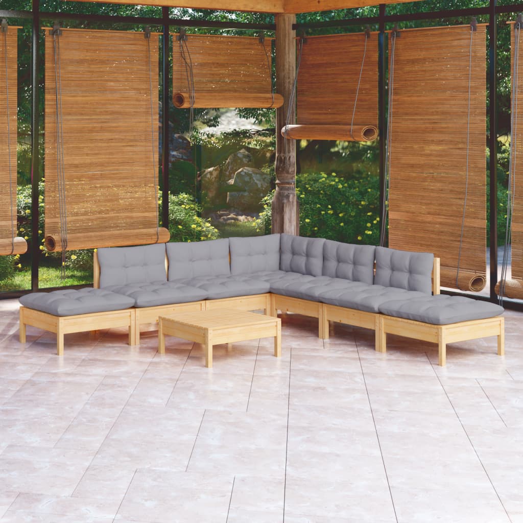 8-Delige Loungeset Met Grijze Kussens Grenenhout