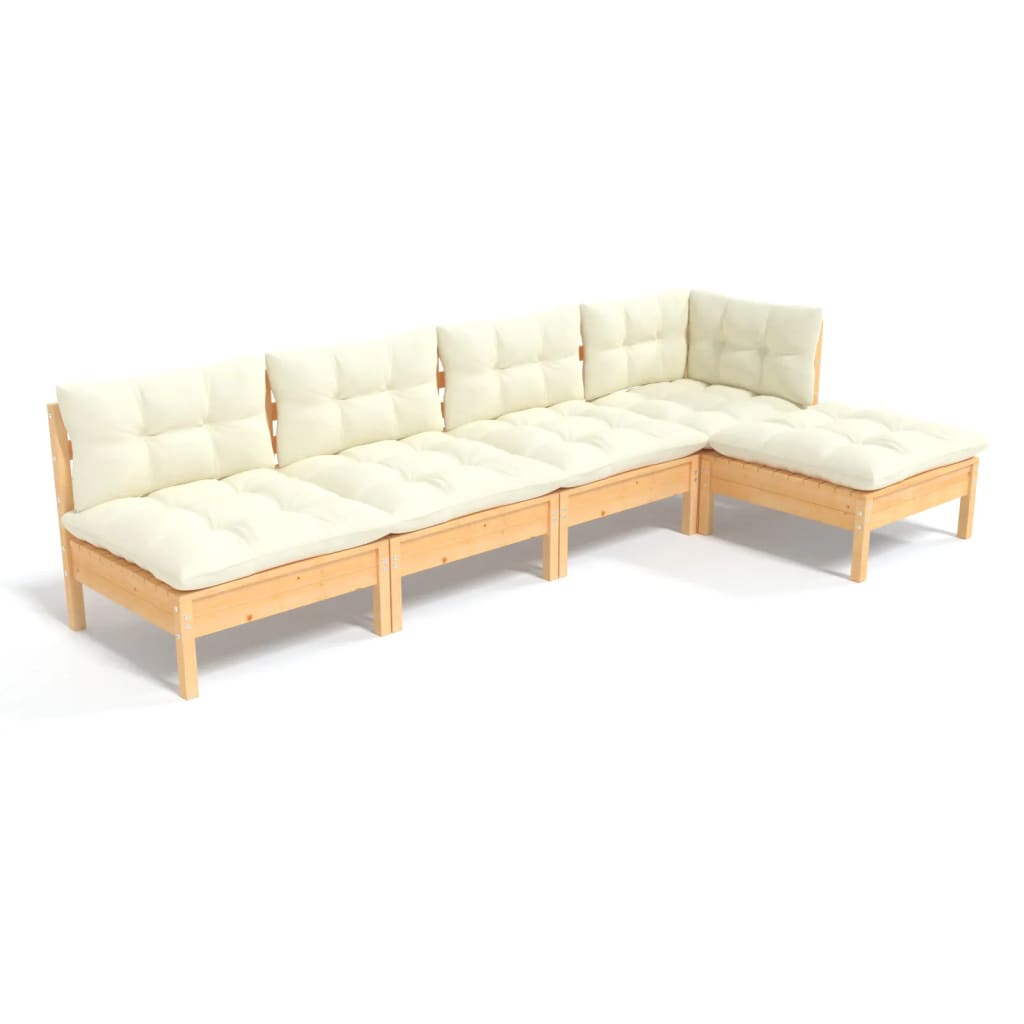 5-Delige Loungeset Met Crèmekleurige Kussens Grenenhout