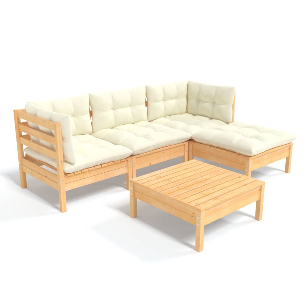 5-Delige Loungeset Met Crèmekleurige Kussens Grenenhout
