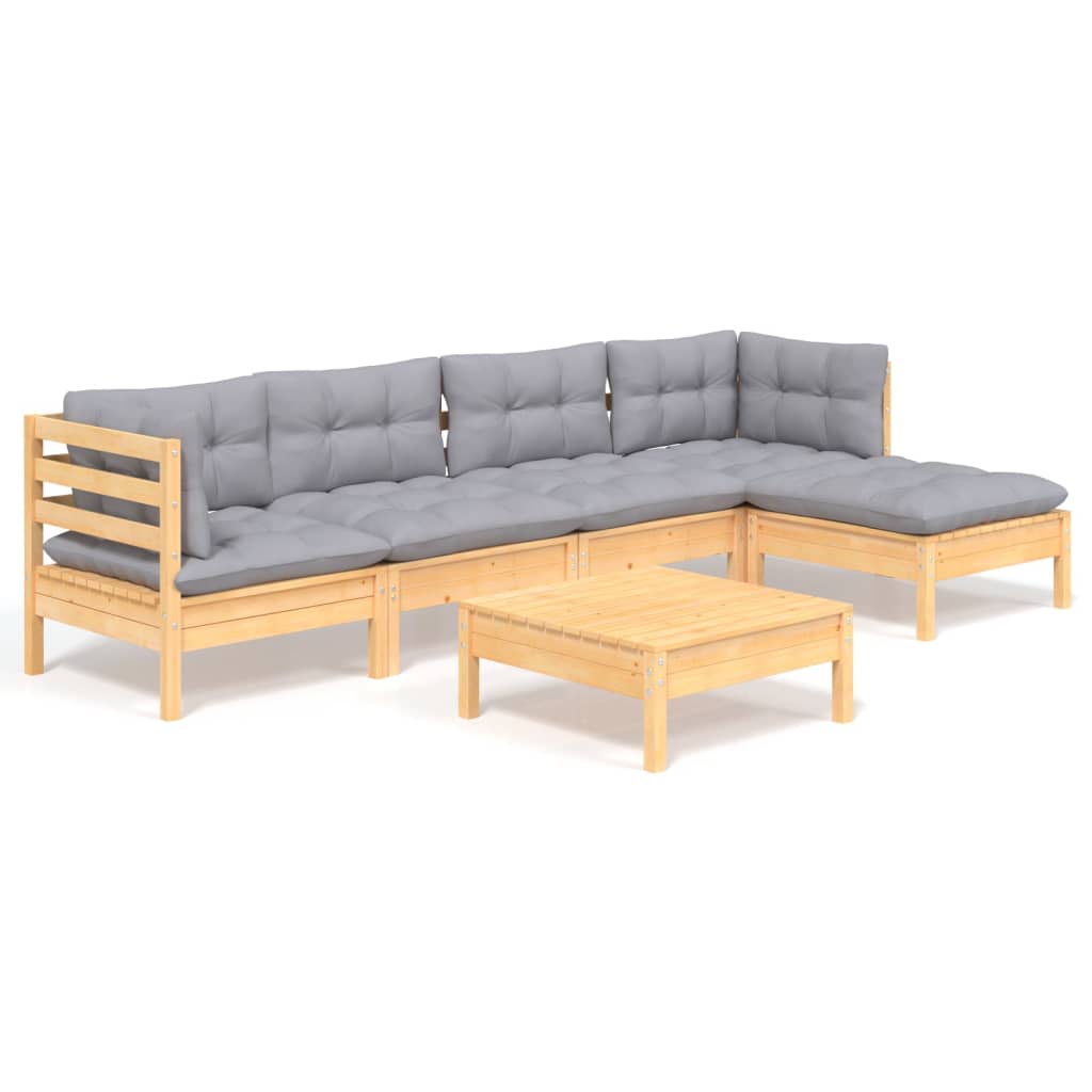 6-Delige Loungeset Met Grijze Kussens Grenenhout