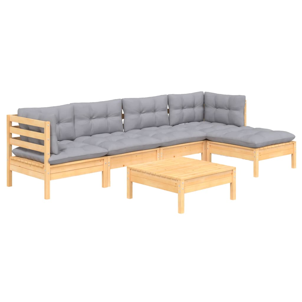 6-Delige Loungeset Met Grijze Kussens Grenenhout
