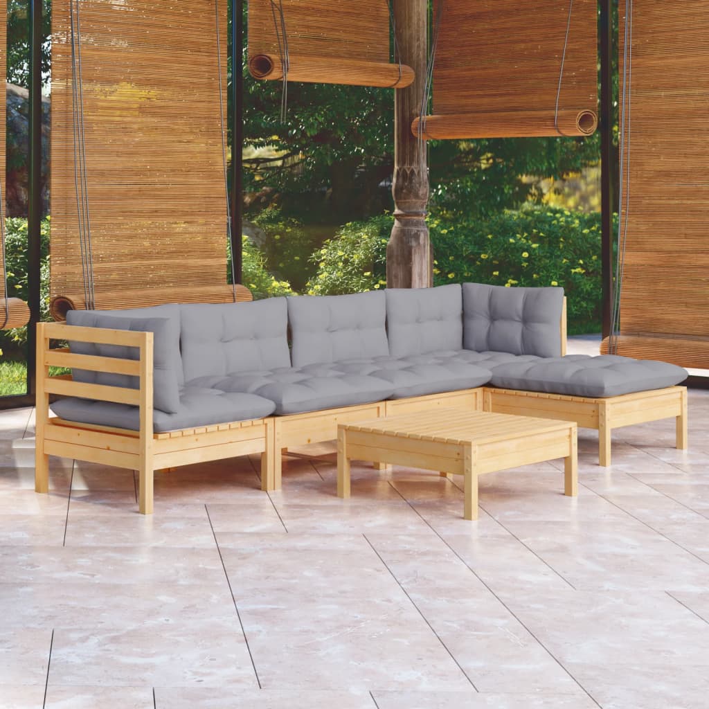 6-Delige Loungeset Met Grijze Kussens Grenenhout
