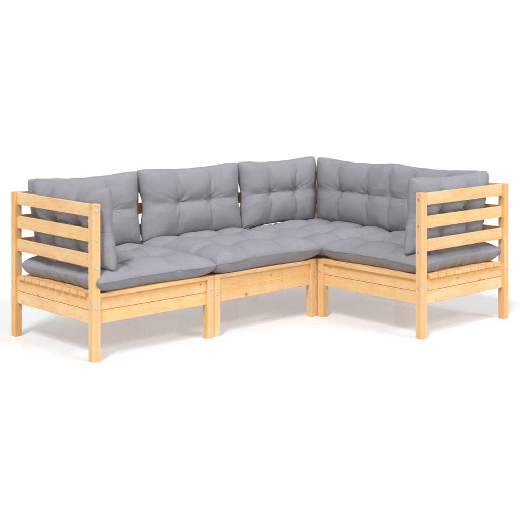 4-Delige Loungeset Met Grijze Kussens Grenenhout