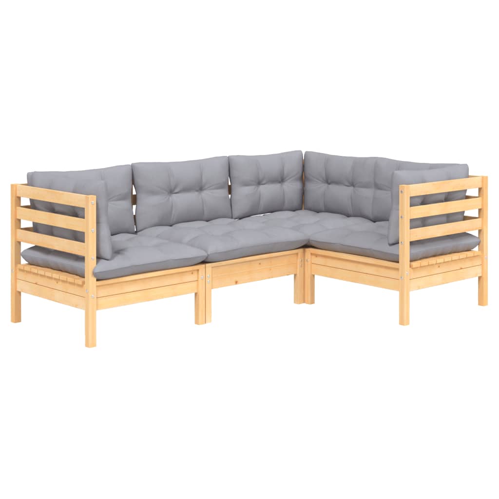 4-Delige Loungeset Met Grijze Kussens Grenenhout