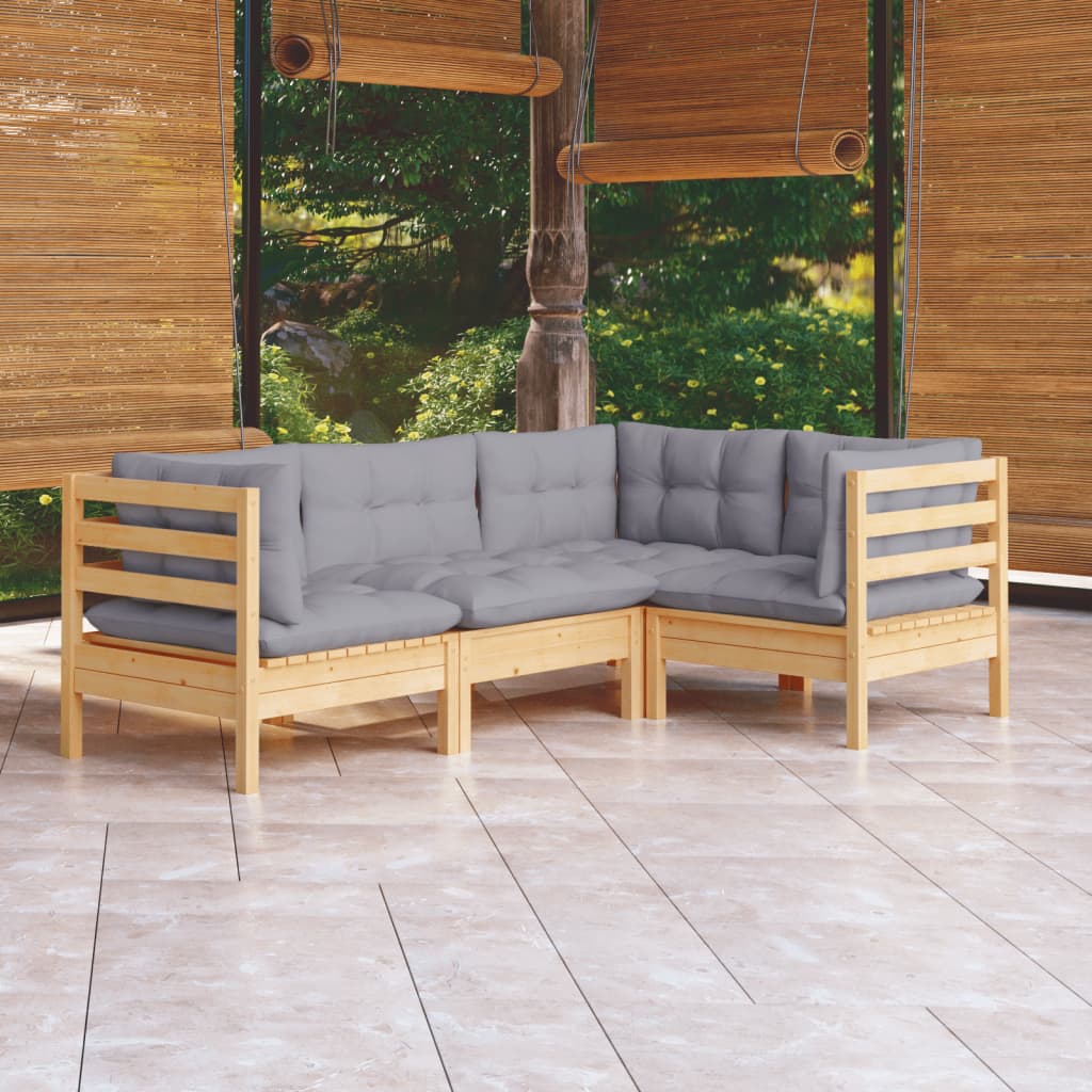 4-Delige Loungeset Met Grijze Kussens Grenenhout