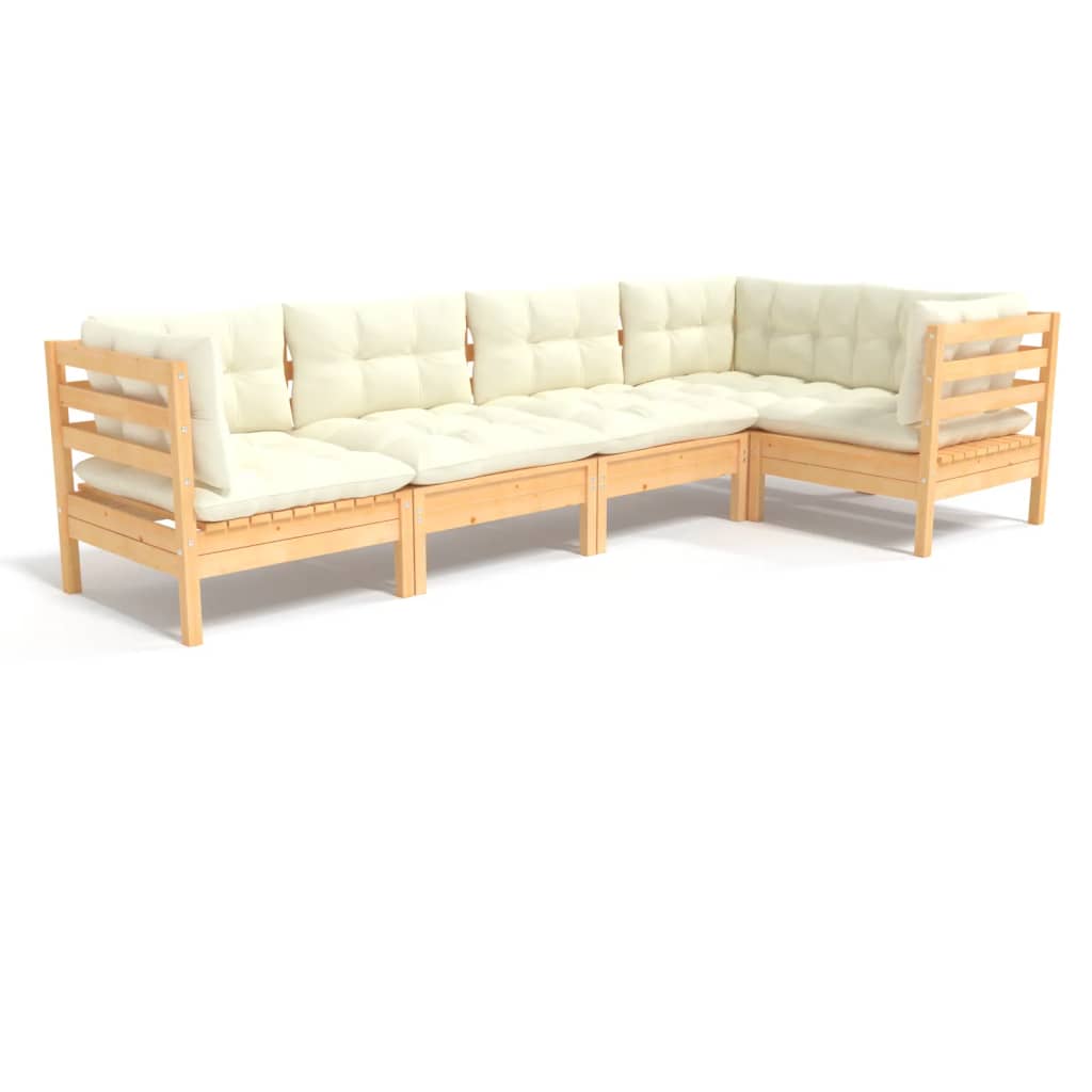 5-Delige Loungeset Met Crèmekleurige Kussens Grenenhout