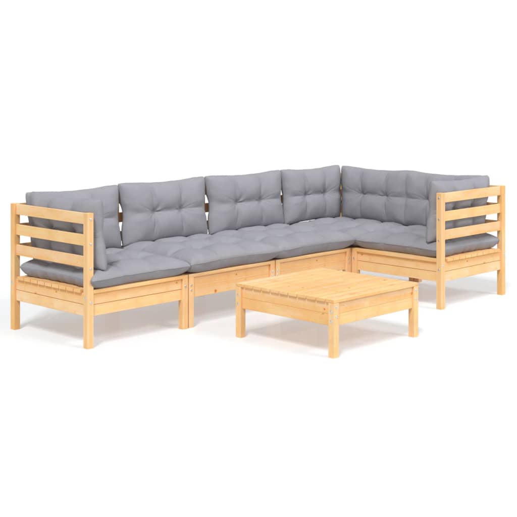 6-Delige Loungeset Met Grijze Kussens Grenenhout