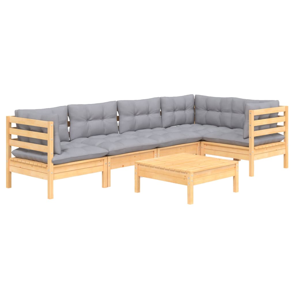 6-Delige Loungeset Met Grijze Kussens Grenenhout