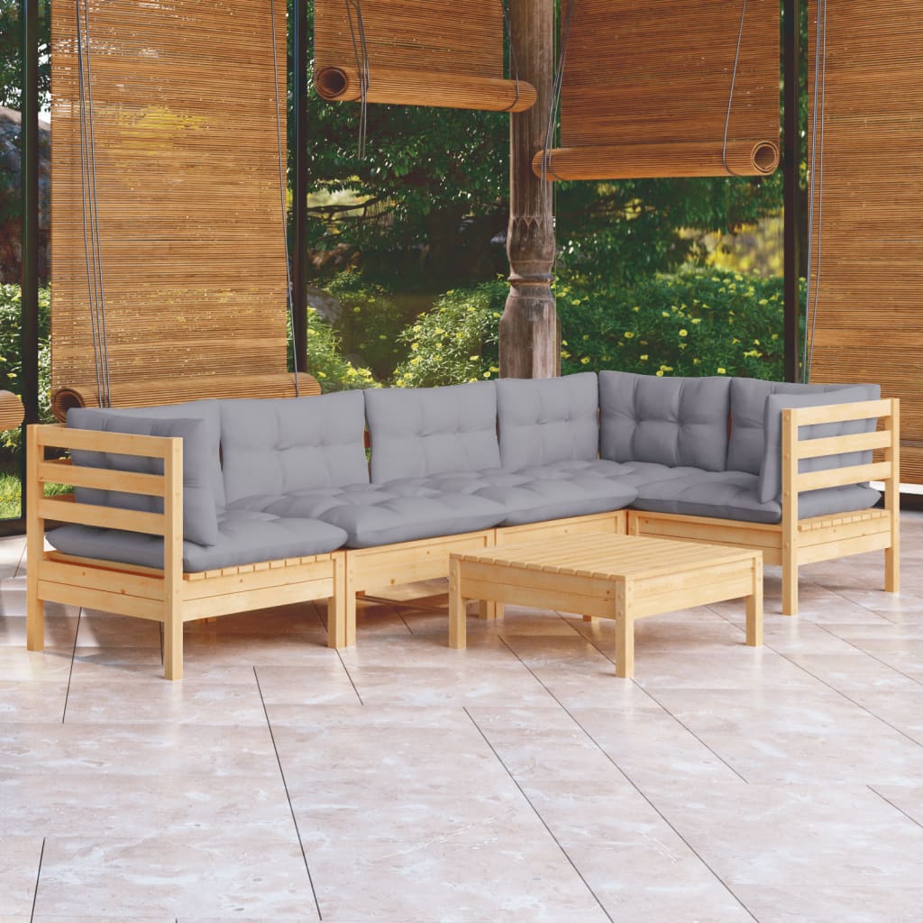 6-Delige Loungeset Met Grijze Kussens Grenenhout